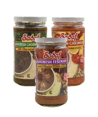 Sadaf Khoresh Fesenjan, Ghormeh Sabzi and Gheimeh - Ready to eat Khoresh - Persian food in a jar - Iranian food Qormeh sabzi mix - Herbs & Bean Stew in Jar- 12 oz. (Pack of 3)