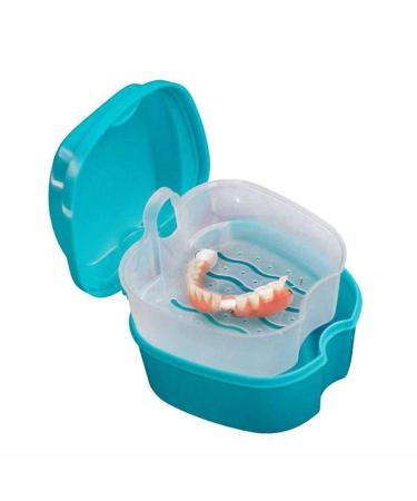Dental Case Denture Box with Flushable Basket Solid Orthodontic Retainer Case Denture Bath Case Dentures Container with Basket Denture Holder for Home & Travel Use Retainer Cleaning - Light Blue