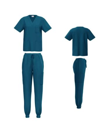 Beverly Hills Uniforms Scrubs for Women 4-Way Stretch Scrub Sets Top and Jogger Pants Unisex Scrubs 8 Colors Caribbean Blue X-Small