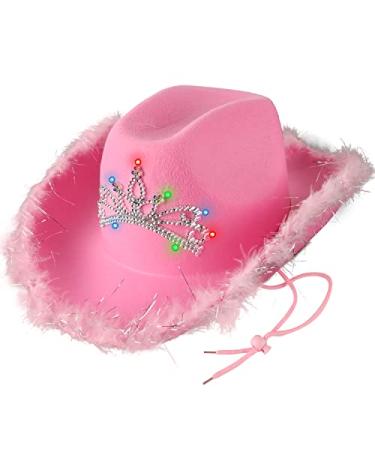 Pink Cowgirl Hat Pink Cowboy Hat for Parties Light Up Cowgirl Birthday Party Hat Adjustable String Light Up Pink Feather