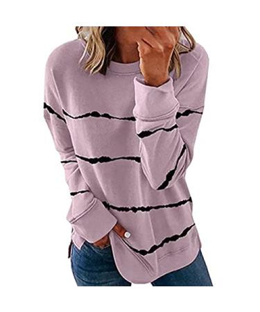 Mimacoo Long Sleeve Shirts for Women Color Block Crewneck Sweatshirt Striped Comfy Loose Fit Pullover 2022 Fall Clothes A09-pink Striped Sweatshirt Small