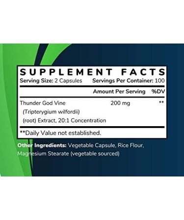 Thunder God Vine Root Extract 100mg Vegan Capsules | 200 Count | Made in USA | Tripterygium wilfordii 20:1 Concentration - Buy Online on GoSupps.com