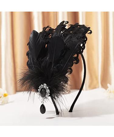GENBREE 1920s Flapper Headband Feather Hair Hoop Feather Headwear Cocktail Party Hair Accessories for Women and Girls Black