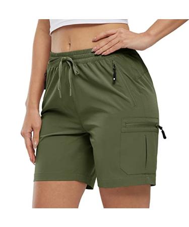 BASUDAM Women's Athletic Shorts Quick Dry Cargo Water Resistant Zipper Pockets Summer Outdoor Hiking Running Army Green Medium