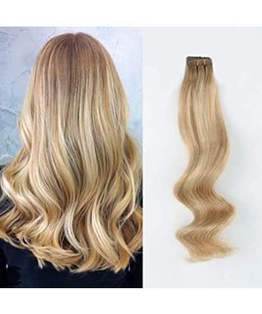 ABH AMAZINGBEAUTY HAIR Rooted with Highlights Remy Tape in Hair Extensions, 20 Pieces 50 Grams, Ash Brown Fading into Dirty Blonde with Platinum Blonde Highlights R8-12/60, 16 Inch 16 Inch Rooted R8-12/60