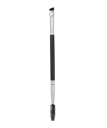 Professional dual angle eyebrow brush and eyelash comb tool made of synthetic hair with glossy and smooth black wooden handle and silver aluminum hoop (E35)