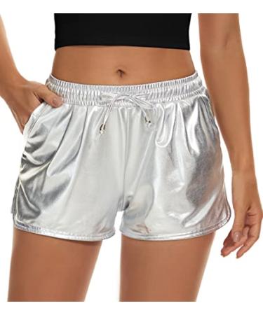 Taydey Metallic Shorts for Women Hot Sparkly Shiny Shorts with Elastic Drawstring Silver Small