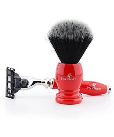 3-edge razor and synthetic hair shaving brush with red handle from Jag Shaving