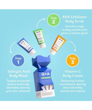 Q+A Bodycare Heroes Gift Set - 3-Step Skincare Routine: Salicylic Acid Shower Gel AHA Exfoliating Scrub & Vitamin C Body Cream Travel Size 50ml Each Exfoliates - Buy Online on GoSupps.com