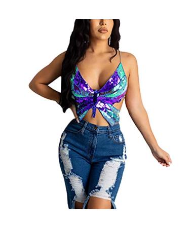 Women Girls Butterfly Bra Top Sequin Embroidery Crop Tank Top Belly Dance Halter Bandage Costumes Outfit Large Purple
