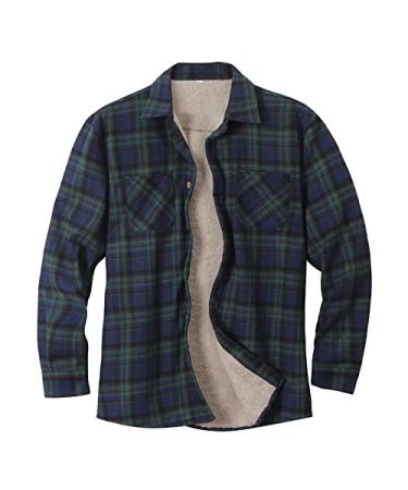Burband Mens Long Sleeve Sherpa Fleece Flannel Shirts Button Down Berber Lined Shackets Warm Camp Shirts Plaid Jackets Green X-Large
