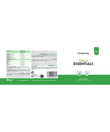 foodspring - Vegan Essentials all-in-one multivitamin complex in 120 highly dosed & gelatin-free capsules - Food supplement preparation with 5 essential vitamins & minerals each - Buy Online on GoSupps.com