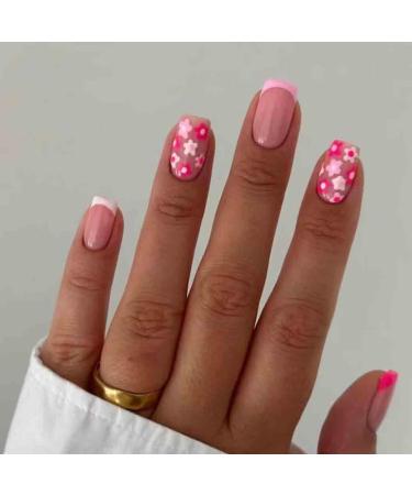 Foccna Square False Press on Nails Pink Medium Acrylic Fake Nails Flower Design for Girl Full Cover Wear Finger Nail Art Tips for Women&Girls 24PCS Pink 24 Piece Set