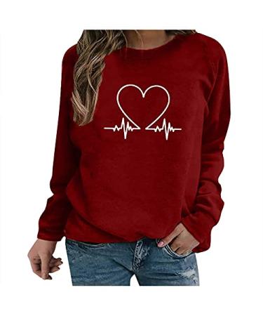 Women Fall Crewneck Sweatshirt, Casual Long Sleeve Comfy Tshirt Tops Lady Trendy Graphic Loose Fit Workout Pullover X-Large A01#wine