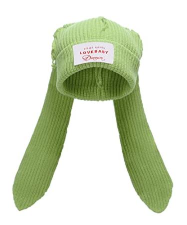Knit Beanie Hats Cute Bunny Long Ears Funny Hat Fluffy Winter Cap Warm Knit Rabbit Crochet Skull Cap Outdoor Slouchy Hat Green