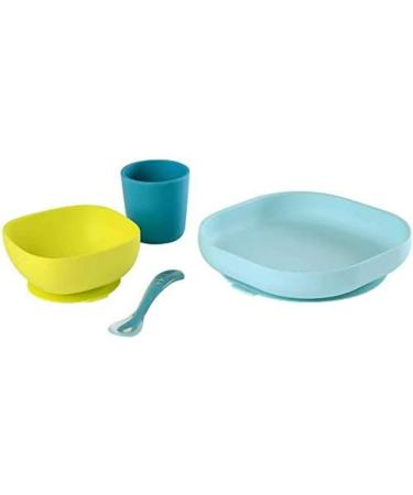 Baba Silicone Feeding Meal Set - 4 Piece Set with Plate, Bowl, Cup, and Spoon - Strong Suction Pad - Blue Color - For Babies and Children - Buy Online on GoSupps.com