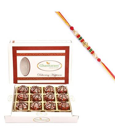 Ghasitaram Gifts Rakhi Gifts for Brothers Rakhi Sweets - Anjeer Chocolate Laddoo in White Box with Beads Rakhi Anjeer Chocolate Laddoo in White Box with Rakhi