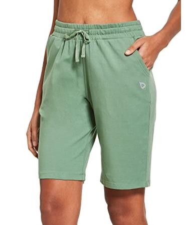 BALEAF Women's Bermuda Shorts Long Cotton Casual Summer Knee Length Pull On Lounge Walking Exercise Shorts with Pockets Large Soft Knee Length-loden Frost