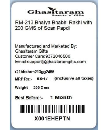 Ghasitaram Gifts Rakhi for Brother Rakhis Online - RM-213 Bhaiya Bhabhi Rakhi with 200 GMS of Soan Papdi - Buy Online on GoSupps.com
