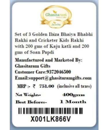 Ghasitaram Gifts Rakhi for Brother Rakhis Online - Set of 3 Ibiza Bhaiya Bhabhi Rakhi and Cricketer Kids Rakhi with 200 GMS of Kaju katli and 200 GMS of Soan Papdi - Buy Online on GoSupps.com