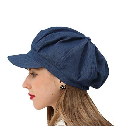 Womens Newsboy Cap Summer Beret Cap- 100% Cotton 8 Panels Vintage Cabbie Hat- Octagonal Visor Cap for Women Girls Ladies Gift Denim