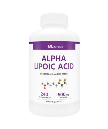 ML Naturals Alpha Lipoic Acid 600 mg Per Serving 240 Vegetable Capsules Digestion and Absorption Gluten Free Non-GMO Third-Party Lab Tested