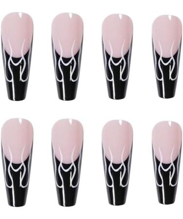 French Tip Press on Nails - Long style Press On Nails with Nail Tips Black French Flame Design Nake Pink Glossy press on nails Acrylic False Nails Cute Artificial Nails - Buy Online on GoSupps.com