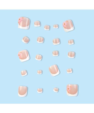 Pink Press-On Toe Nails - French Tip Fake Toenails with Floral Designs | Cute Glossy Acrylic Full Cover Stick-On Toenails - Buy Online on GoSupps.com