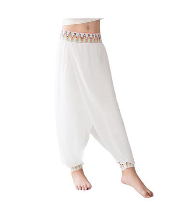 Girls Dance Pants Ethnic Chiffon Ballet Belly Yoga Loose Fit Flowy Harem Lantern Trousers White 5-6 Years