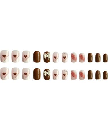 Short Round French style coffee white short style coffee color love white bow fake nails Press On Nails with Nail Tips press on nails Acrylic False Nails Cute Artificial Nails for Women and Girls - Buy Online on GoSupps.com
