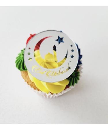 6 Eid Mubarak Cupcake Disc Toppers Gold Rose Gold Silver Eid Cake Toppers Eid Gift Tags Eid Gift Charms Eid Cake Decorations. (Silver)