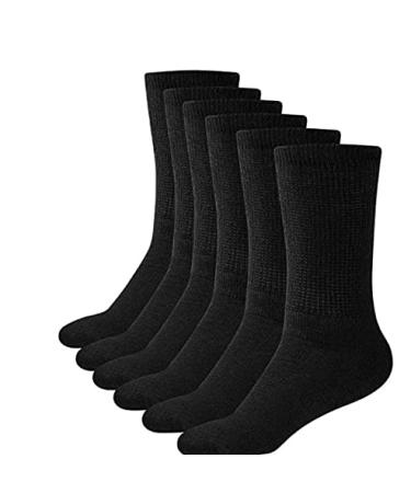 Diabetic Socks for Mens Womens Loose Fit Non-Binding Crew Socks 6 Pairs MADE IN USA Large Black