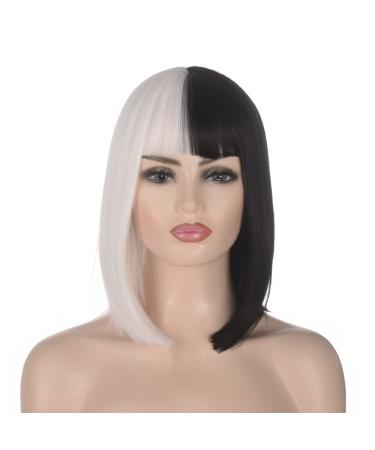 Women black white bob wig atayou half black half white straight cosplay halloween carnival costume wig half black and half white 13 inches