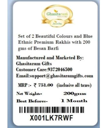 Ghasitaram Gifts Rakhi for Brother Rakhis Online - Set of 2 Beautiful Colours and Blue Ethnic Premium Rakhis with 200 GMS of Besan Barfi - Buy Online on GoSupps.com