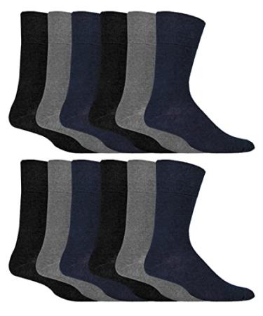 IOMI - 12 Pair Multipack Mens Gentle Grip Non Binding Crew Diabetic Socks 13-15 Black / Navy / Grey