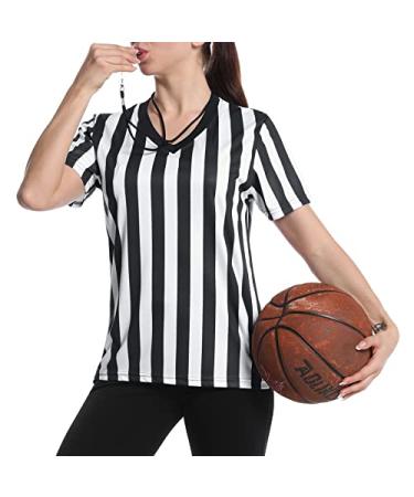 Women's Official Referee Shirt Black & White Stripe Ref Umpire Jersey Short Sleeve for Basketball Football Hockey Black & White-v Neck Small