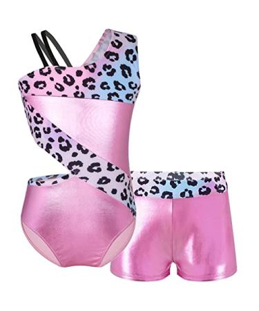 Yartina Girls Printed Gymnastics Leotard Dance Outfit 2 Pieces Swimwear Jumpsuit with Shorts Suit Pink 10 Years