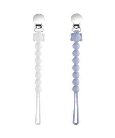 Dummy Clip- BPA Free 2PCS Unique Silicon Pacifier Clips for Boys Newborn Baby Pacifier Holder Leash Chains Fits All Pacifier Teecher Toys Baby Shower(Blue-White) 2PCS grey+ white
