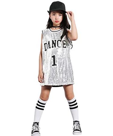 LOLANTA Girls Hip Hop Dance Clothes Kids Jersey Sequin Dress Long Tank Top Jazz Cheerleading T-Shirt 6-7 Silver