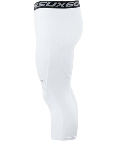 ARSUXEO Men's 3/4 Running Compression Tights Capri Pants K75 White Medium