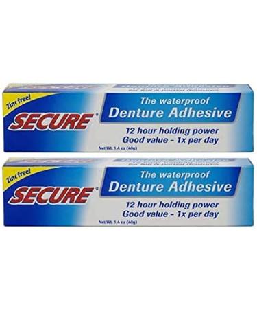 Secure Waterproof Denture Adhesive - Zinc Free - Extra Strong Hold For Upper, Lower or Partials - 1.4 oz (Pack of 2)