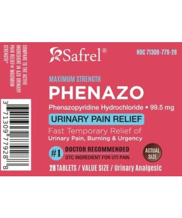Fast-Acting Safrel Urinary Pain Relief Tablets - Phenazopyridine Hydrochloride 99.5mg | 28 Count | UTI & Bladder Pain Relief - Buy Online on GoSupps.com
