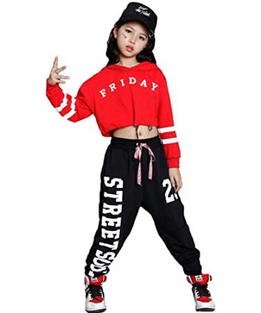 Girls 2 Pieces Outfit Hip Hop Dance Clothes Kids Cropped Hoodie Sweatshirt Sweatpants Jogger Dance Wear Tracksuit Set Red 12-14