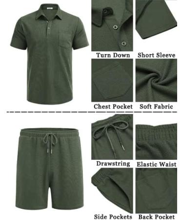 COOFANDY Men's Waffle Knit Polo Shirt and Shorts Set - Army Green Large | 2-Piece Summer Outfit with Pockets - Buy Online on GoSupps.com