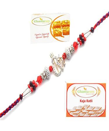 Ghasitaram Gifts Rakhi for Brother Rakhis Online - The Blessings of The Highest Aura for My Brother Diamond Rakhi with 200 GMS of Besan Barfi and 200 GMS of Kaju Katli Rakhi with 200 gms of Besan Barfi & Kaju Katli