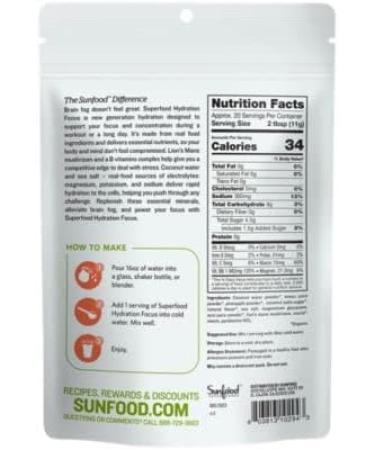 Sunfood Superfoods Hydration Electrolyte Powder | Coconut Water Pink Himalayan Salt Lemon & Pineapple | 20 Servings | Boost Focus with Lion's Mane & B-Vitamin Complex - Buy Online on GoSupps.com