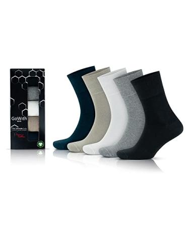 GoWith 5 Pairs Diabetic Socks for Men Comfy Seamless Non-Binding Dress Socks Circulator Neuropathy Crew Socks for Diabetics 9-12 Multicolor - Organic Cotton