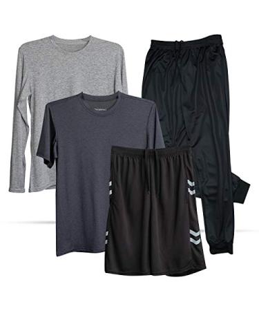 4 Pack: Boys Youth Teen Activewear Collection Dry-Fit Short Sleeve & Long-Sleeve Top Mesh Short Tricot Jogger Set Large Set C