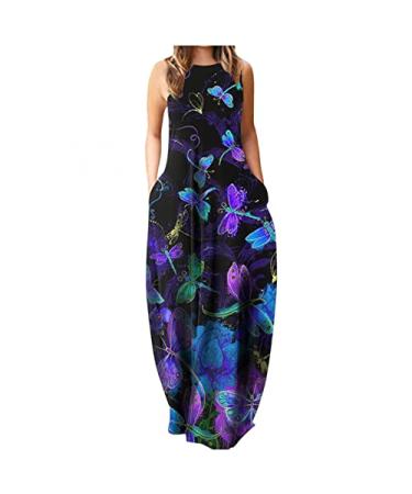 uikmnh Casual Dress Women Summer O-Neck Flower Print Sleeveless Plus Size Pullover Long Dresses Crewneck Dragonflies