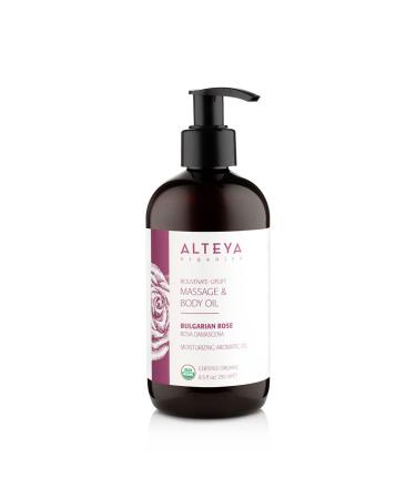 Alteya Organic Massage and Body Oil with Bulgarian Rose - USDA Certified Organic Natural Rejuvenating and Nourishing Aromatic Oil - 8.5 Fl Oz/250mL